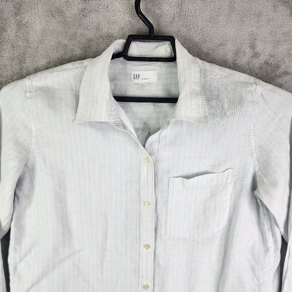 Men's Gap Shirt 100% Linen Light Blue & White Stripes Button-Up Long Sleeve M - Picture 5 of 12